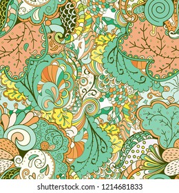 Tracery seamless pattern. Mehndi design. Ethnic colorful doodle texture. Curved doodling background. Vector