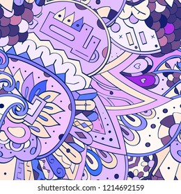 Tracery seamless pattern. Mehndi design. Ethnic colorful doodle texture. Curved doodling background. Vector