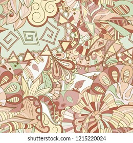 Tracery seamless pattern. Mehndi design. Ethnic colorful doodle texture. Curved doodling background. Vector