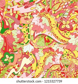 Tracery seamless pattern. Mehndi design. Ethnic colorful doodle texture. Curved doodling background. Vector