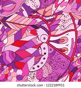 Tracery seamless pattern. Mehndi design. Ethnic colorful doodle texture. Curved doodling background. Vector