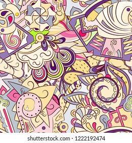 Tracery seamless pattern. Mehndi design. Ethnic colorful doodle texture. Curved doodling background. Vector