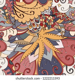 Tracery seamless pattern. Mehndi design. Ethnic colorful doodle texture. Curved doodling background. Vector