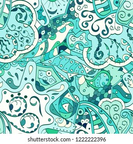 Tracery seamless pattern. Mehndi design. Ethnic colorful doodle texture. Curved doodling background. Vector
