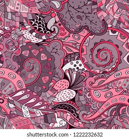Tracery seamless pattern. Mehndi design. Ethnic colorful doodle texture. Curved doodling background. Vector