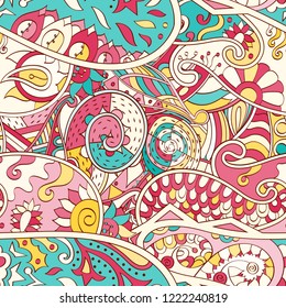Tracery seamless pattern. Mehndi design. Ethnic colorful doodle texture. Curved doodling background. Vector