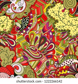 Tracery seamless pattern. Mehndi design. Ethnic colorful doodle texture. Curved doodling background. Vector