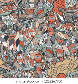 Tracery seamless pattern. Mehndi design. Ethnic colorful doodle texture. Curved doodling background. Vector