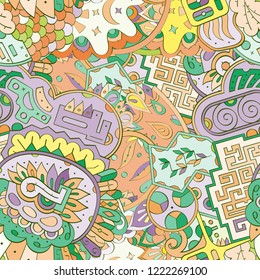 Tracery seamless pattern. Mehndi design. Ethnic colorful doodle texture. Curved doodling background. Vector