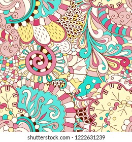 Tracery seamless pattern. Mehndi design. Ethnic colorful doodle texture. Curved doodling background. Vector