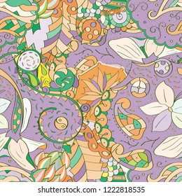 Tracery seamless pattern. Mehndi design. Ethnic colorful doodle texture. Curved doodling background. Vector