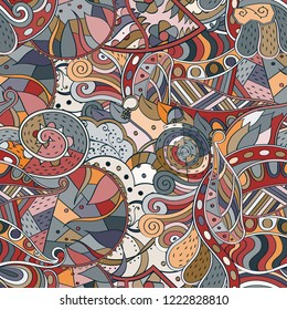Tracery seamless pattern. Mehndi design. Ethnic colorful doodle texture. Curved doodling background. Vector