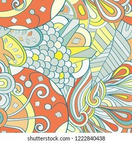 Tracery seamless pattern. Mehndi design. Ethnic colorful doodle texture. Curved doodling background. Vector