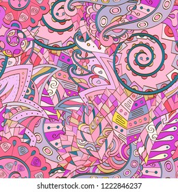 Tracery seamless pattern. Mehndi design. Ethnic colorful doodle texture. Curved doodling background. Vector