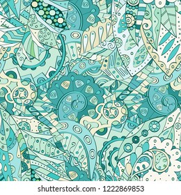 Tracery seamless pattern. Mehndi design. Ethnic colorful doodle texture. Curved doodling background. Vector