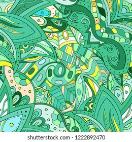 Tracery seamless pattern. Mehndi design. Ethnic colorful doodle texture. Curved doodling background. Vector