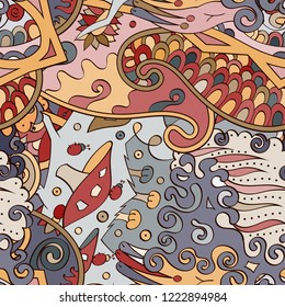 Tracery seamless pattern. Mehndi design. Ethnic colorful doodle texture. Curved doodling background. Vector