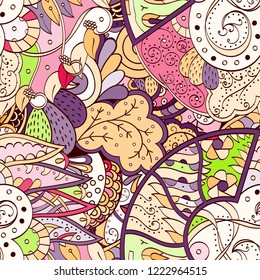 Tracery seamless pattern. Mehndi design. Ethnic colorful doodle texture. Curved doodling background. Vector