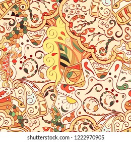 Tracery seamless pattern. Mehndi design. Ethnic colorful doodle texture. Curved doodling background. Vector