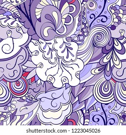 Tracery seamless pattern. Mehndi design. Ethnic colorful doodle texture. Curved doodling background. Vector