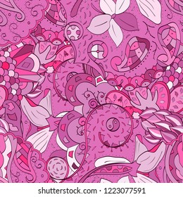 Tracery seamless pattern. Mehndi design. Ethnic colorful doodle texture. Curved doodling background. Vector