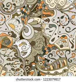 Tracery seamless pattern. Mehndi design. Ethnic colorful doodle texture. Curved doodling background. Vector