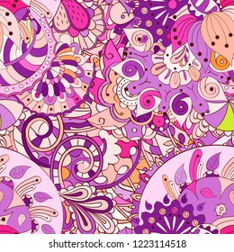Tracery seamless pattern. Mehndi design. Ethnic colorful doodle texture. Curved doodling background. Vector