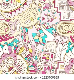 Tracery seamless pattern. Mehndi design. Ethnic colorful doodle texture. Curved doodling background. Vector