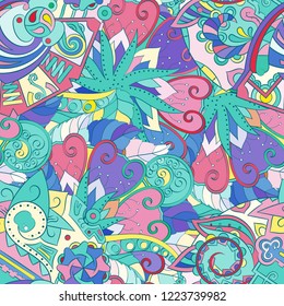 Tracery seamless pattern. Mehndi design. Ethnic colorful doodle texture. Curved doodling background. Vector