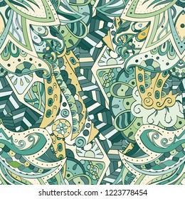 Tracery seamless pattern. Mehndi design. Ethnic colorful doodle texture. Curved doodling background. Vector