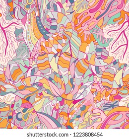 Tracery seamless pattern. Mehndi design. Ethnic colorful doodle texture. Curved doodling background. Vector