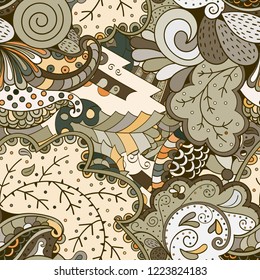 Tracery seamless pattern. Mehndi design. Ethnic colorful doodle texture. Curved doodling background. Vector