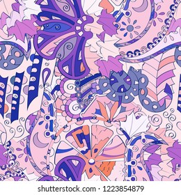 Tracery seamless pattern. Mehndi design. Ethnic colorful doodle texture. Curved doodling background. Vector