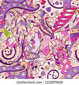 Tracery seamless pattern. Mehndi design. Ethnic colorful doodle texture. Curved doodling background. Vector