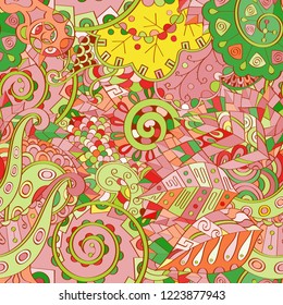 Tracery seamless pattern. Mehndi design. Ethnic colorful doodle texture. Curved doodling background. Vector