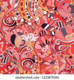 Tracery seamless pattern. Mehndi design. Ethnic colorful doodle texture. Curved doodling background. Vector