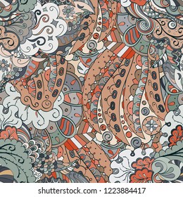 Tracery seamless pattern. Mehndi design. Ethnic colorful doodle texture. Curved doodling background. Vector