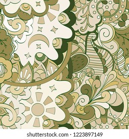 Tracery seamless pattern. Mehndi design. Ethnic colorful doodle texture. Curved doodling background. Vector