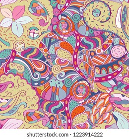 Tracery seamless pattern. Mehndi design. Ethnic colorful doodle texture. Curved doodling background. Vector