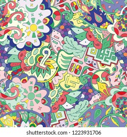 Tracery seamless pattern. Mehndi design. Ethnic colorful doodle texture. Curved doodling background. Vector