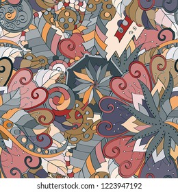 Tracery seamless pattern. Mehndi design. Ethnic colorful doodle texture. Curved doodling background. Vector