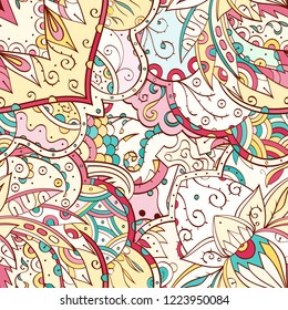 Tracery seamless pattern. Mehndi design. Ethnic colorful doodle texture. Curved doodling background. Vector