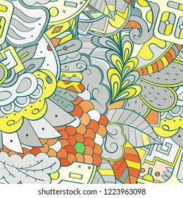 Tracery seamless pattern. Mehndi design. Ethnic colorful doodle texture. Curved doodling background. Vector