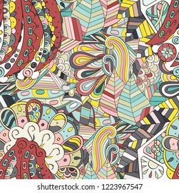 Tracery seamless pattern. Mehndi design. Ethnic colorful doodle texture. Curved doodling background. Vector