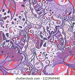 Tracery seamless pattern. Mehndi design. Ethnic colorful doodle texture. Curved doodling background. Vector