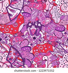 Tracery seamless pattern. Mehndi design. Ethnic colorful doodle texture. Curved doodling background. Vector