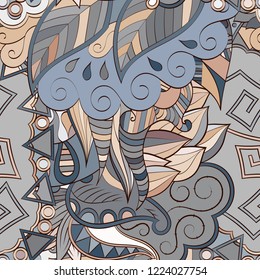 Tracery seamless pattern. Mehndi design. Ethnic colorful doodle texture. Curved doodling background. Vector