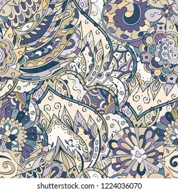 Tracery seamless pattern. Mehndi design. Ethnic colorful doodle texture. Curved doodling background. Vector