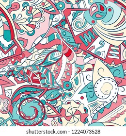 Tracery seamless pattern. Mehndi design. Ethnic colorful doodle texture. Curved doodling background. Vector