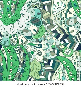 Tracery seamless pattern. Mehndi design. Ethnic colorful doodle texture. Curved doodling background. Vector